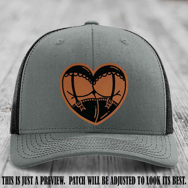 Cheeky Heart 🍑❤️ leather patch hat with Rawhide to Black Patch on Heather Grey to Black Hat - custom Richardson 112 hat