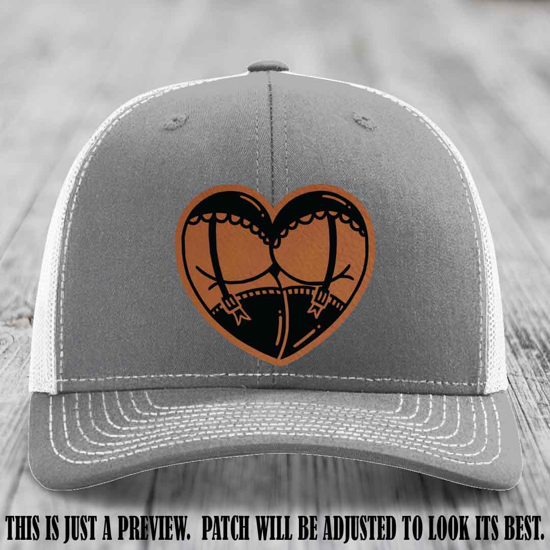 Cheeky Heart 🍑❤️ leather patch hat with Rawhide to Black Patch on Heather Grey to White Hat - custom Richardson 112 hat