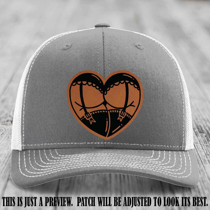 Cheeky Heart 🍑❤️ leather patch hat with Rawhide to Black Patch on Heather Grey to White Hat - custom Richardson 112 hat