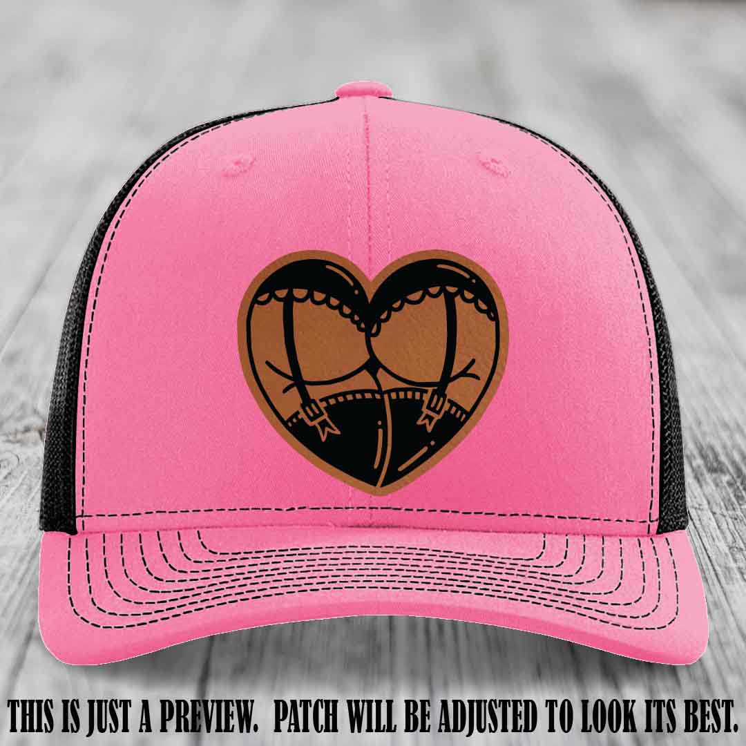 Cheeky Heart 🍑❤️ leather patch hat with Rawhide to Black Patch on Hot Pink to Black Hat - custom Richardson 112 hat