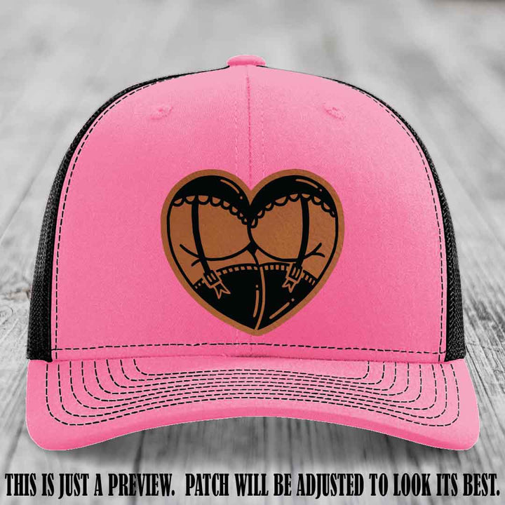 Cheeky Heart 🍑❤️ leather patch hat with Rawhide to Black Patch on Hot Pink to Black Hat - custom Richardson 112 hat