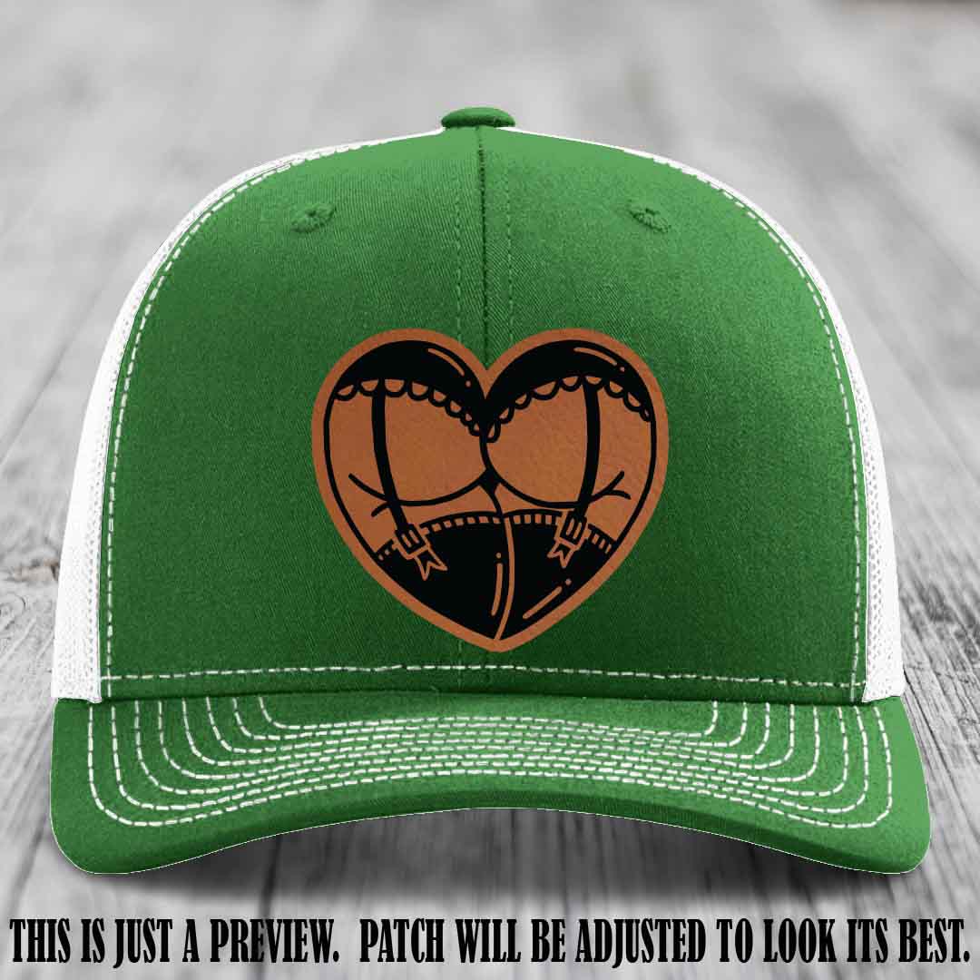 Cheeky Heart 🍑❤️ leather patch hat with Rawhide to Black Patch on Kelly to White Hat - custom Richardson 112 hat
