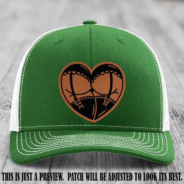 Cheeky Heart 🍑❤️ leather patch hat with Rawhide to Black Patch on Kelly to White Hat - custom Richardson 112 hat