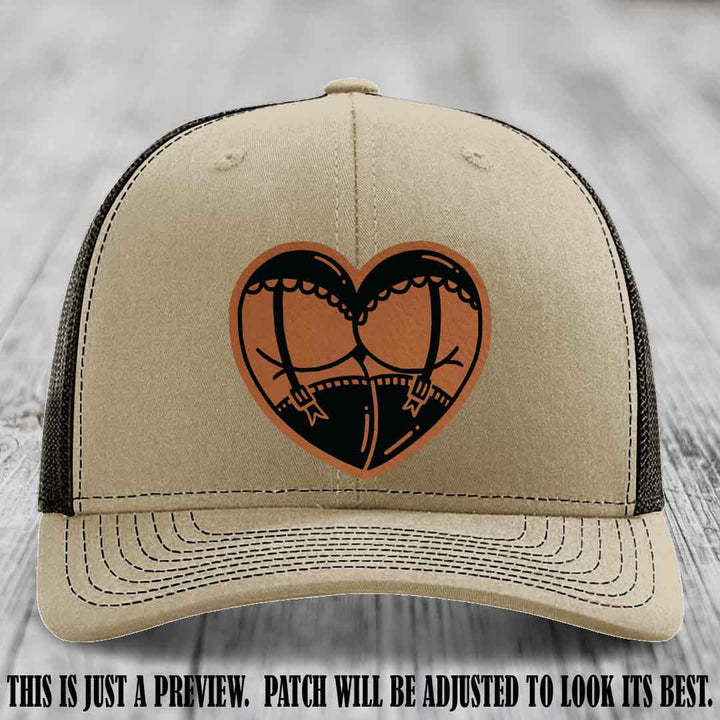 Cheeky Heart 🍑❤️ leather patch hat with Rawhide to Black Patch on Khaki to Coffee Hat - custom Richardson 112 hat