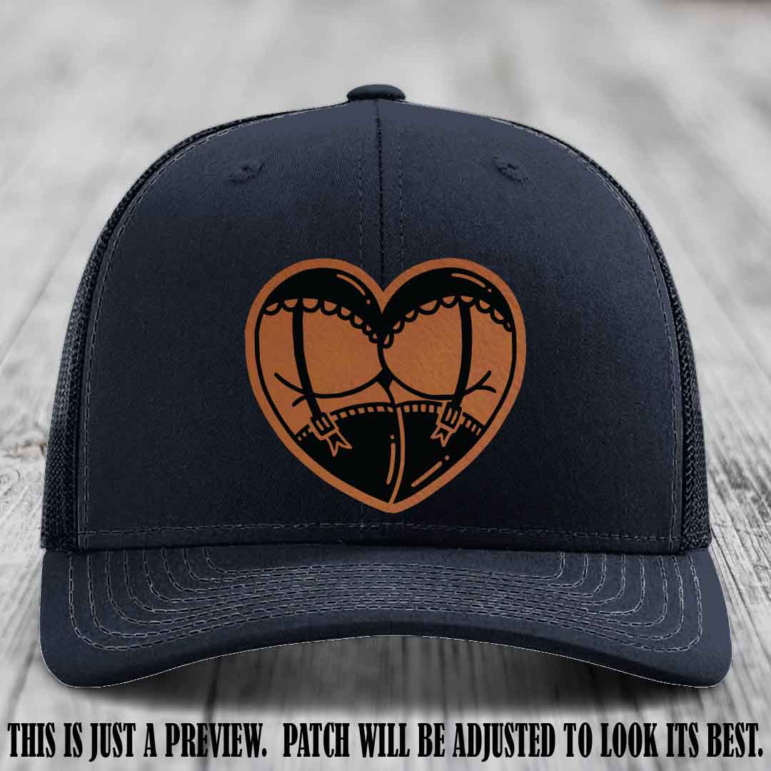 Cheeky Heart 🍑❤️ leather patch hat with Rawhide to Black Patch on Navy Hat - custom Richardson 112 hat