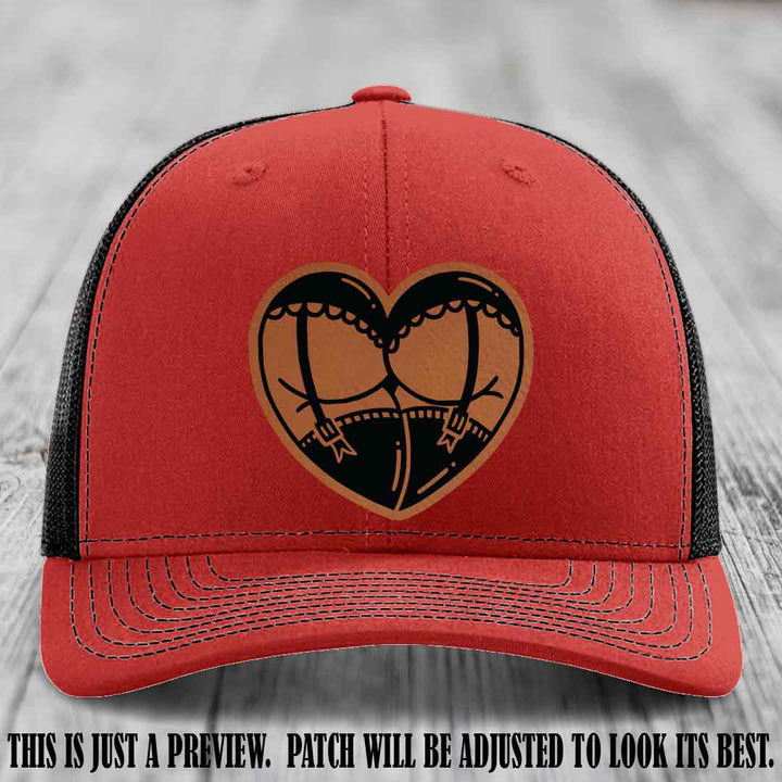 Cheeky Heart 🍑❤️ leather patch hat with Rawhide to Black Patch on Red to Black Hat - custom Richardson 112 hat