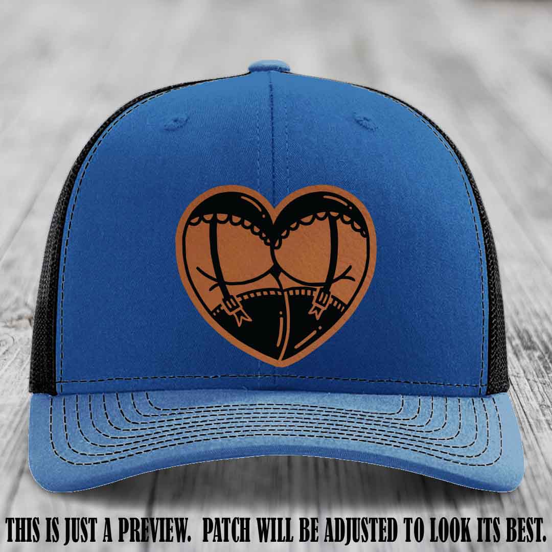 Cheeky Heart 🍑❤️ leather patch hat with Rawhide to Black Patch on Royal to Black Hat - custom Richardson 112 hat