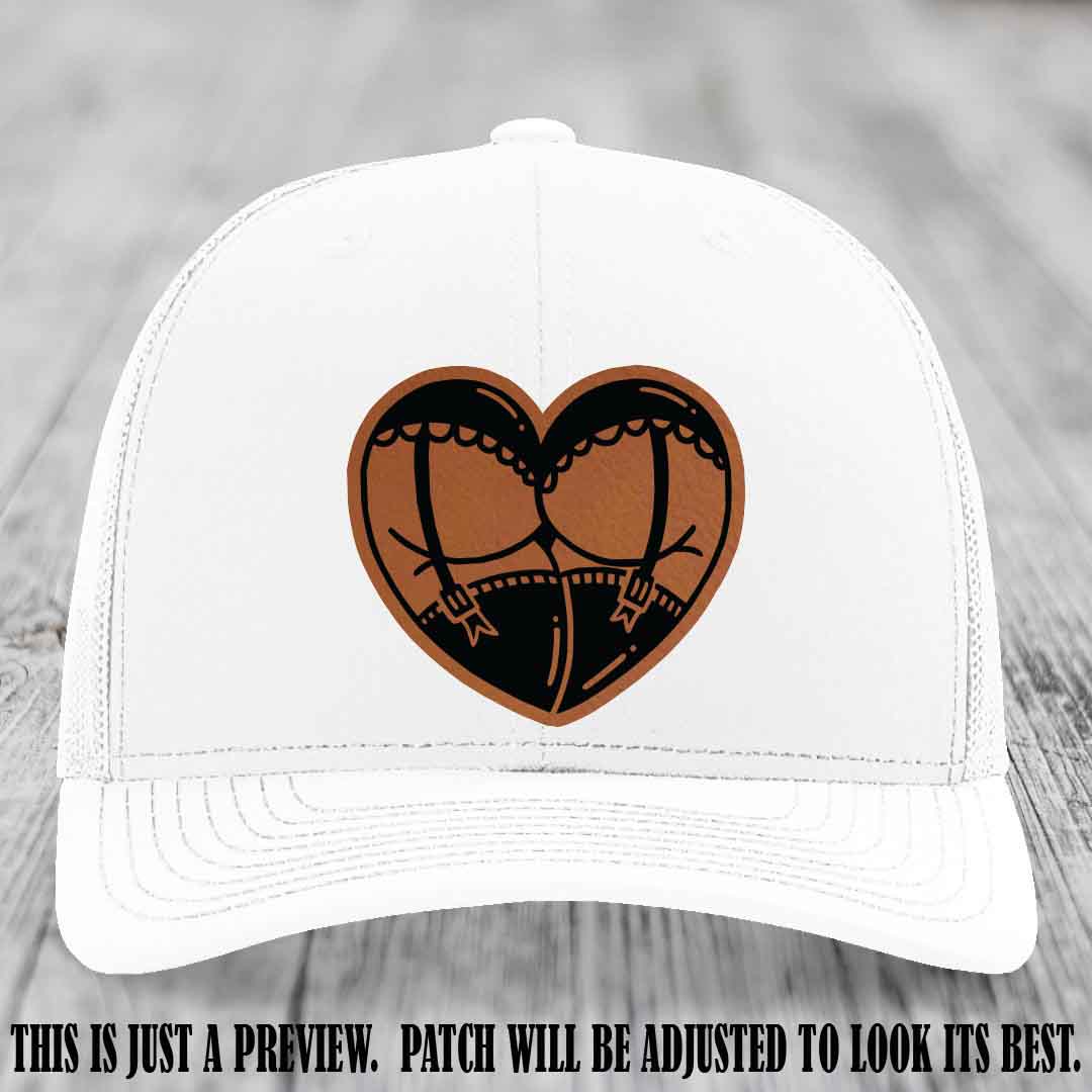 Cheeky Heart 🍑❤️ leather patch hat with Rawhide to Black Patch on White Hat - custom Richardson 112 hat