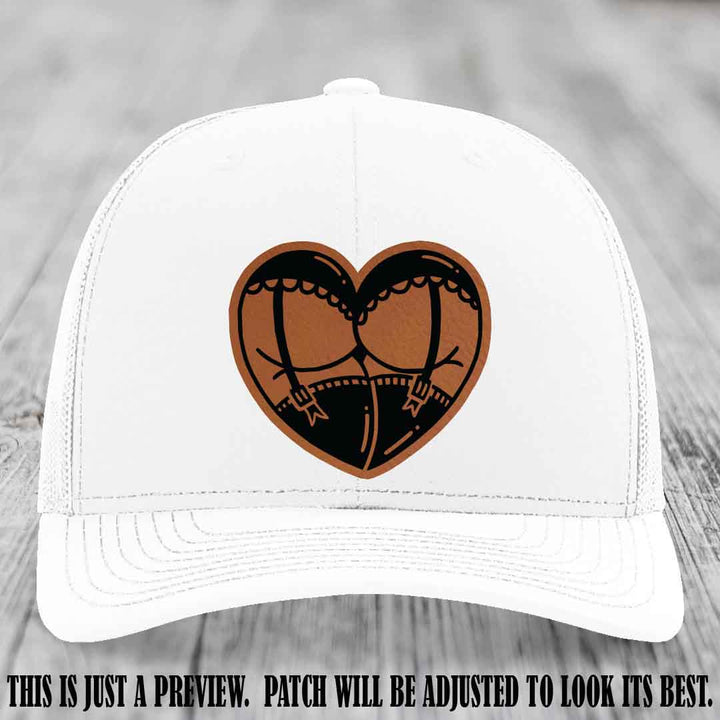Cheeky Heart 🍑❤️ leather patch hat with Rawhide to Black Patch on White Hat - custom Richardson 112 hat