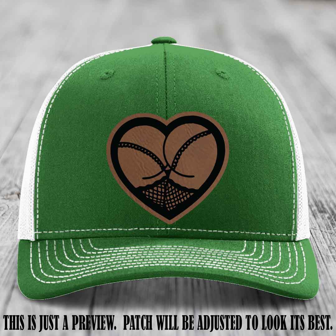 Booty Love Leather Patch in Dark Brown to Black Patch on Kelly to White Hat