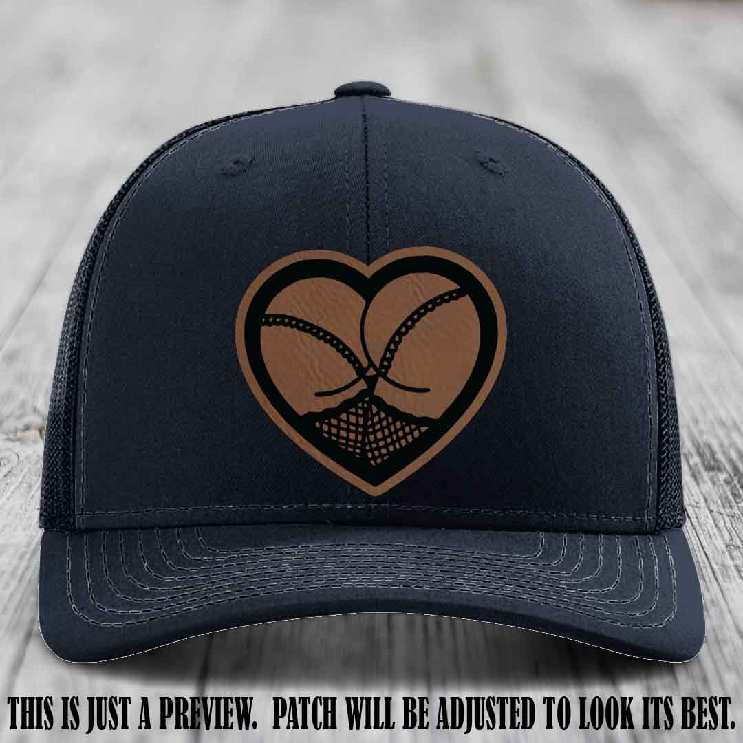 Booty Love Leather Patch in Dark Brown to Black Patch on Navy Hat