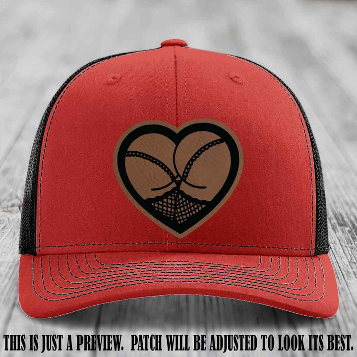 Booty Love Leather Patch in Dark Brown to Black Patch on Red to Black Hat