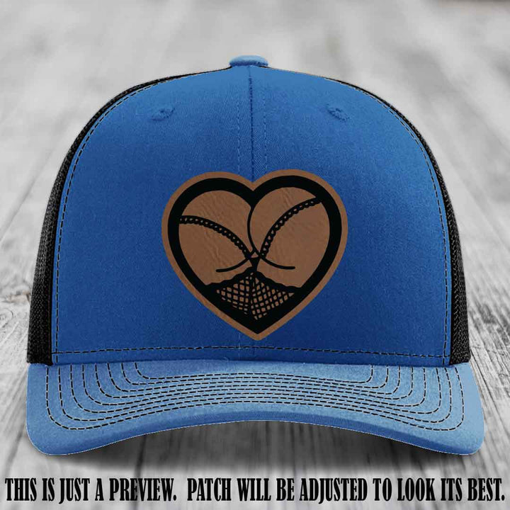Booty Love Leather Patch in Dark Brown to Black Patch on Royal to Black Hat