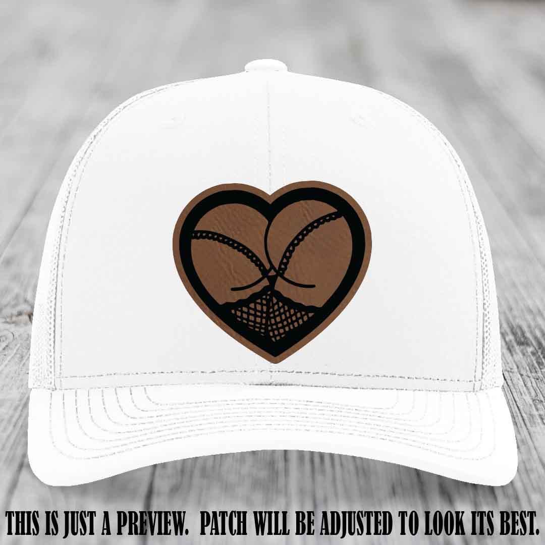 Booty Love Leather Patch in Dark Brown to Black Patch on White Hat