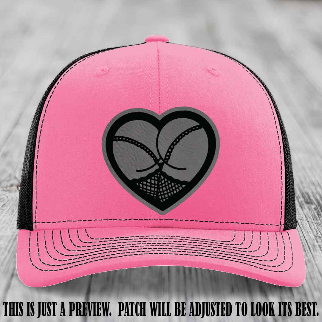 Booty Love Leather Patch in Grey to Black Patch on Hot Pink to Black Hat