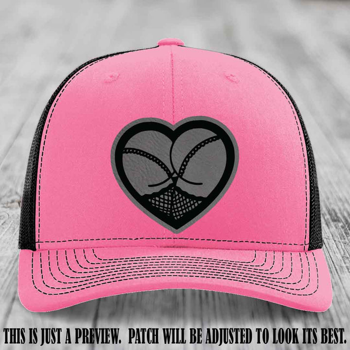 Booty Love Leather Patch in Grey to Black Patch on Hot Pink to Black Hat