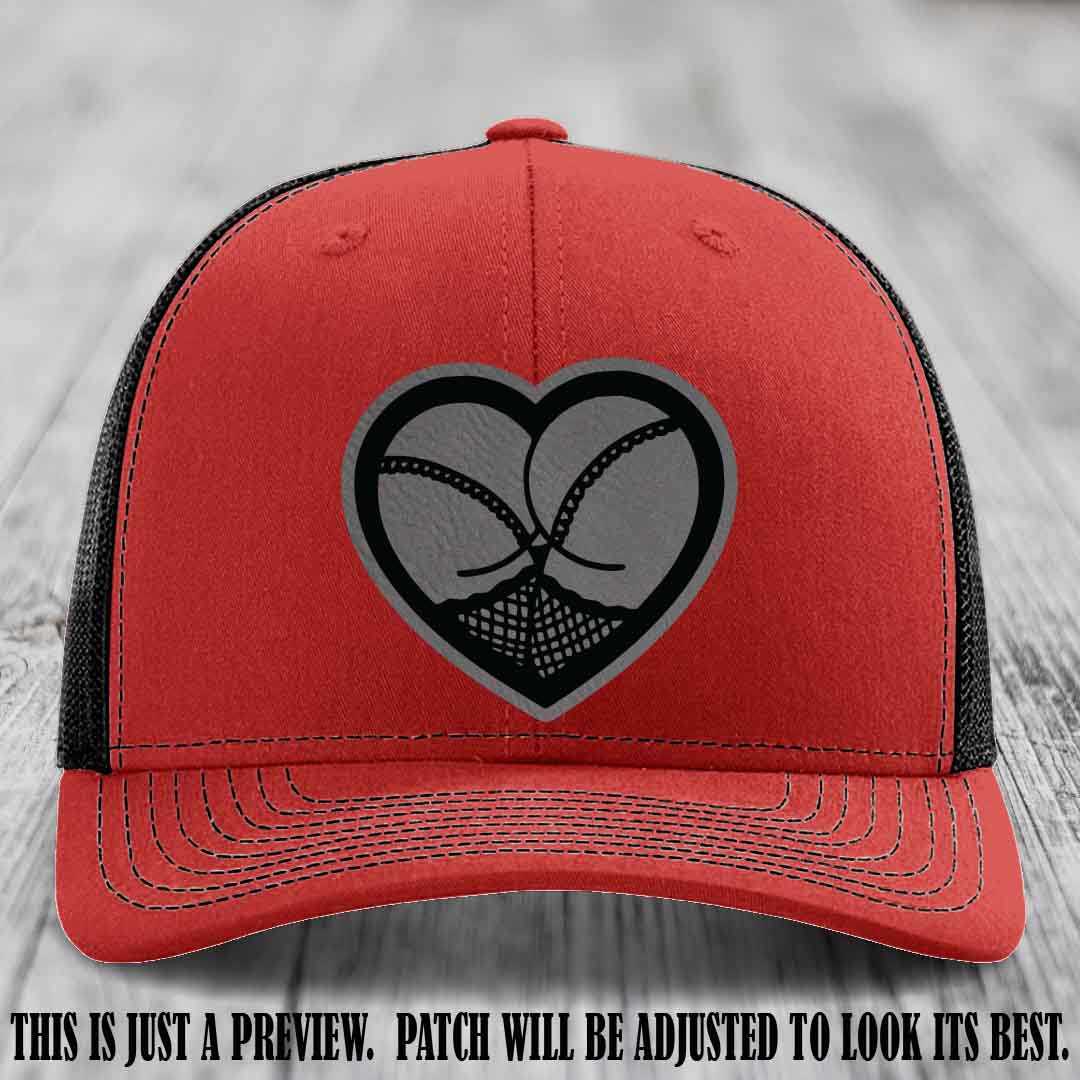 Booty Love Leather Patch in Grey to Black Patch on Red to Black Hat