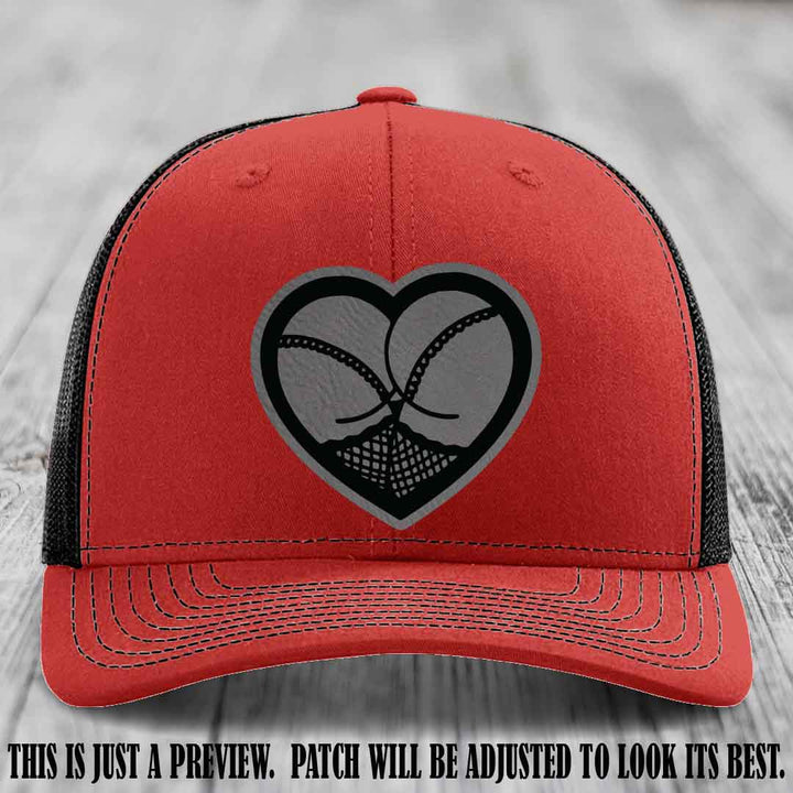 Booty Love Leather Patch in Grey to Black Patch on Red to Black Hat