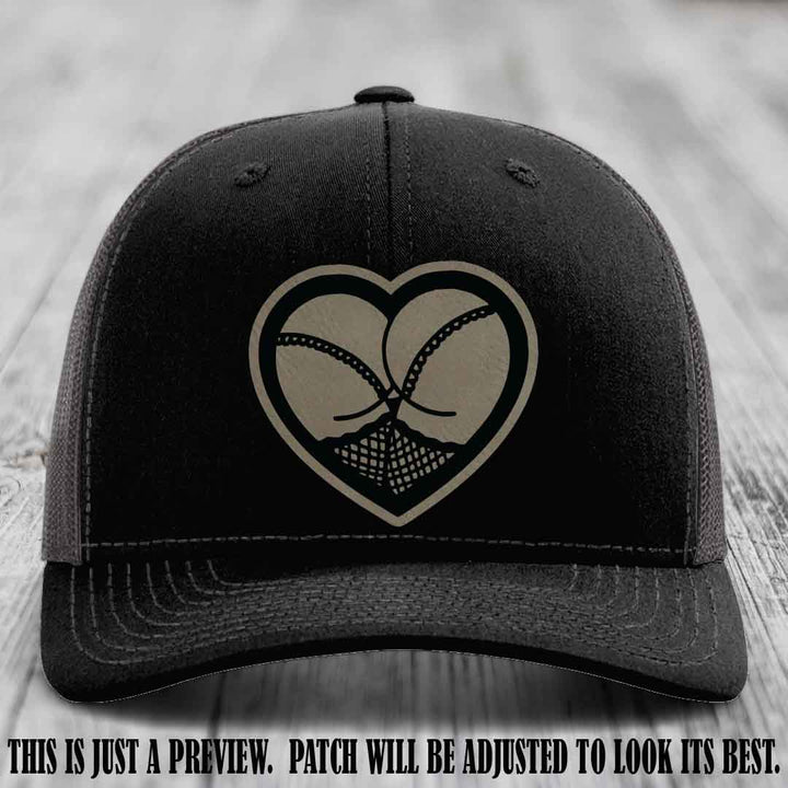 Booty Love Leather Patch in Light Brown to Black Patch on Black to Charcoal Hat