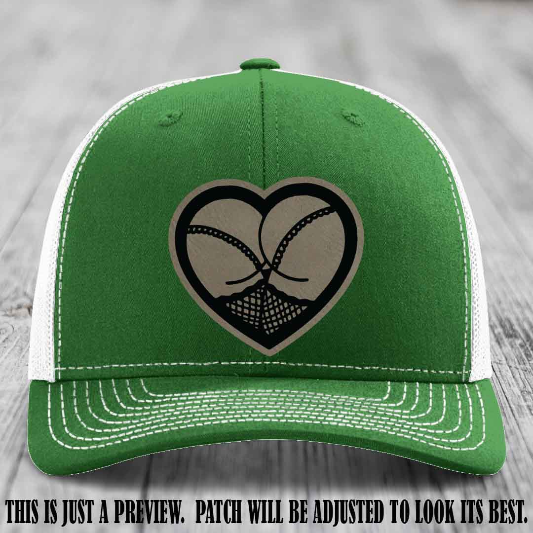Booty Love Leather Patch in Light Brown to Black Patch on Kelly to White Hat
