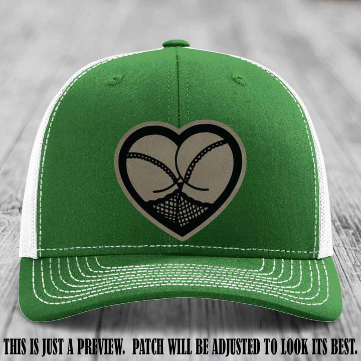 Booty Love Leather Patch in Light Brown to Black Patch on Kelly to White Hat