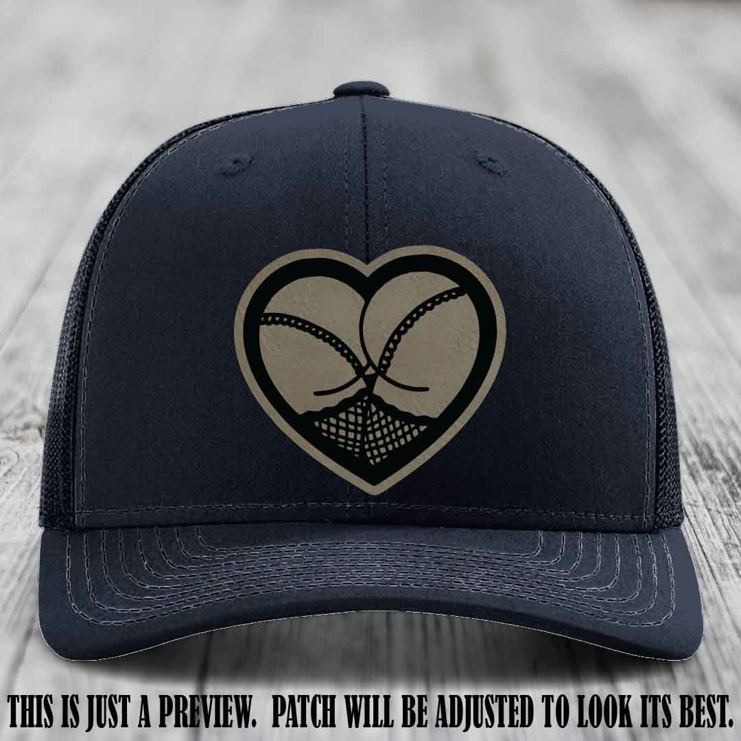 Booty Love Leather Patch in Light Brown to Black Patch on Navy Hat