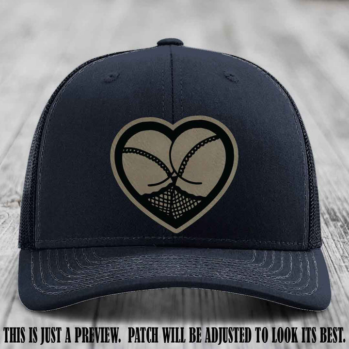 Booty Love Leather Patch in Light Brown to Black Patch on Navy Hat