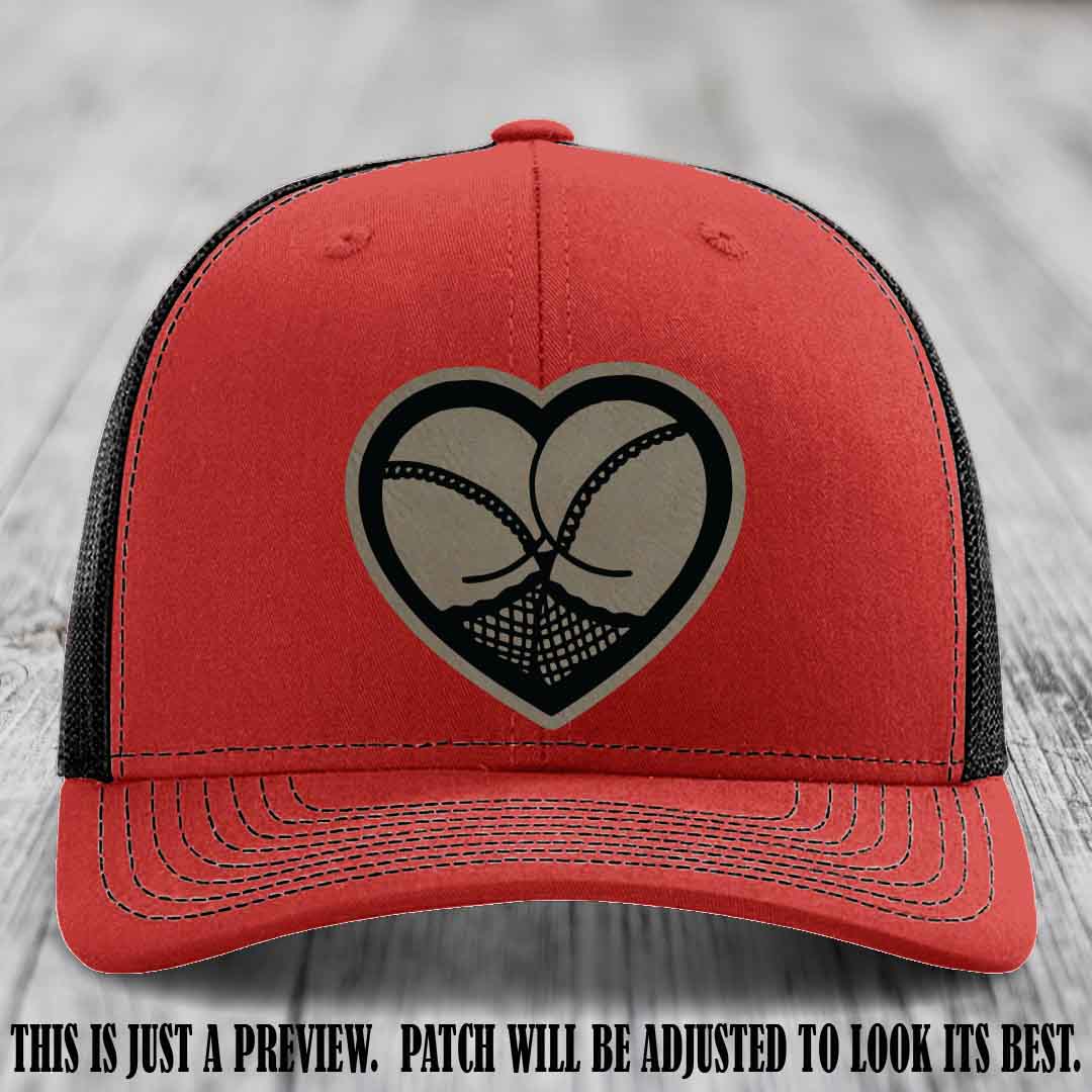 Booty Love Leather Patch in Light Brown to Black Patch on Red to Black Hat