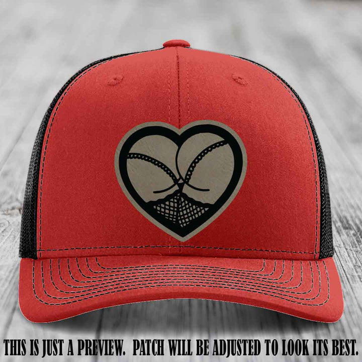 Booty Love Leather Patch in Light Brown to Black Patch on Red to Black Hat