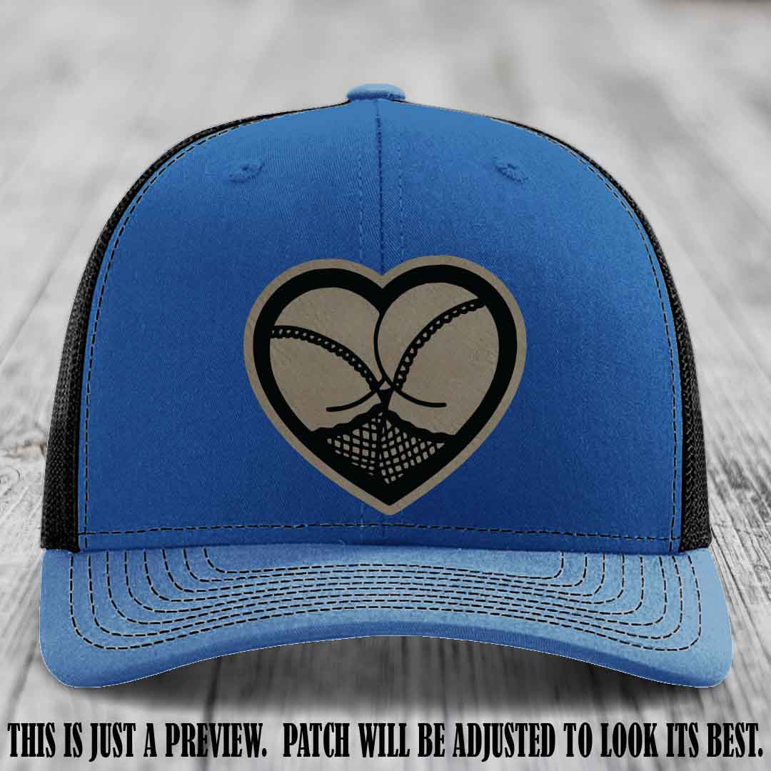 Booty Love Leather Patch in Light Brown to Black Patch on Royal to Black Hat