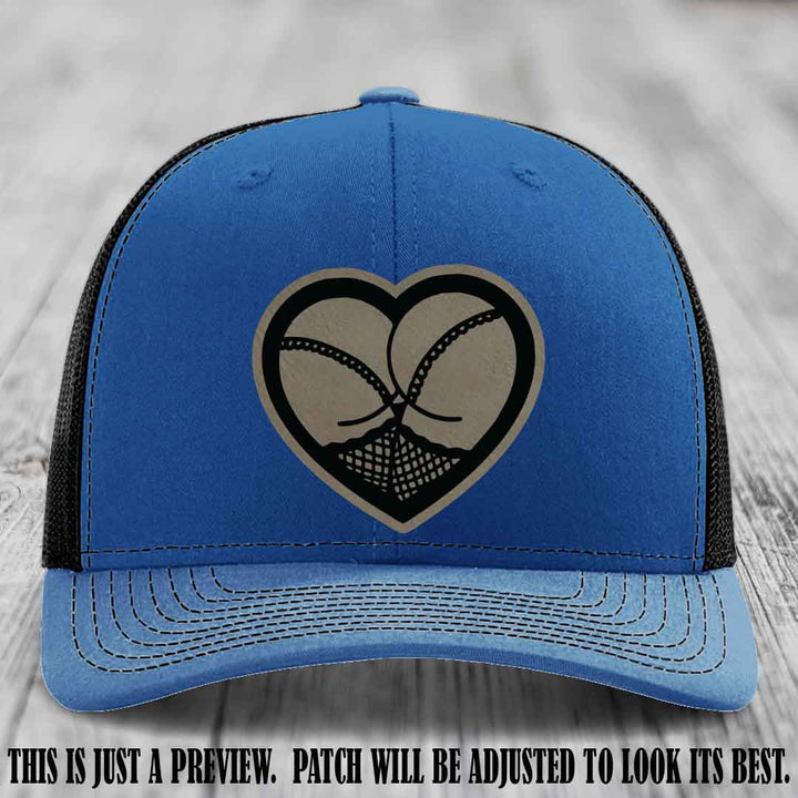 Booty Love Leather Patch in Light Brown to Black Patch on Royal to Black Hat
