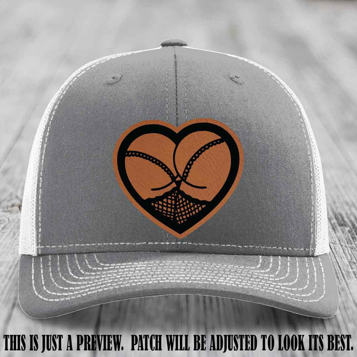 Booty Love Leather Patch in Rawhide to Black Patch on Heather Grey to White Hat