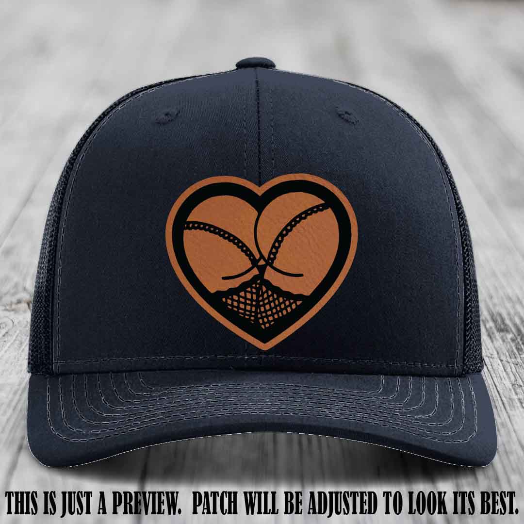 Booty Love Leather Patch in Rawhide to Black Patch on Navy Hat