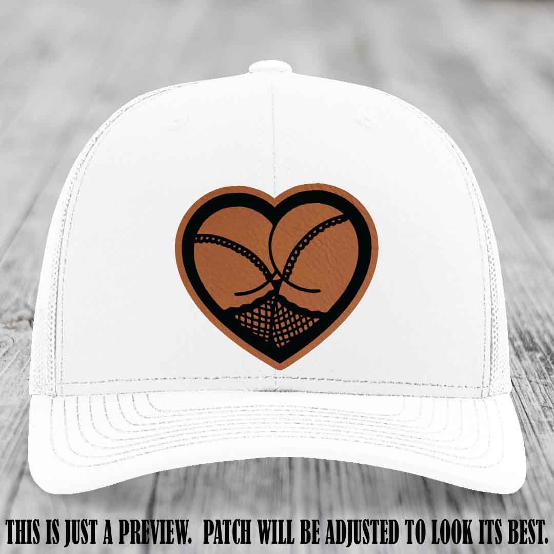 Booty Love Leather Patch in Rawhide to Black Patch on White Hat