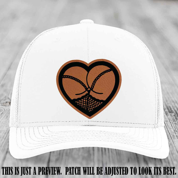 Booty Love Leather Patch in Rawhide to Black Patch on White Hat