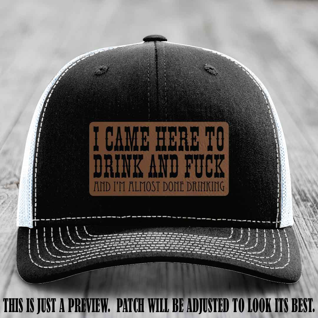 Dark Brown to Black Patch on Black to White Hat - Funny Drink and F*ck Richardson 112 Hat