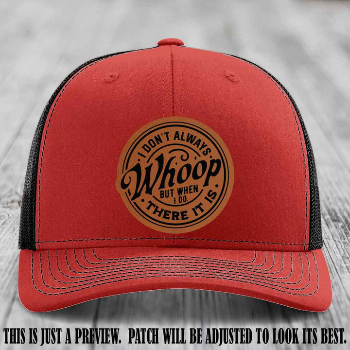 Rawhide to Black Patch on Red to Black Hat - Richardson 112 Leather Patch Hat