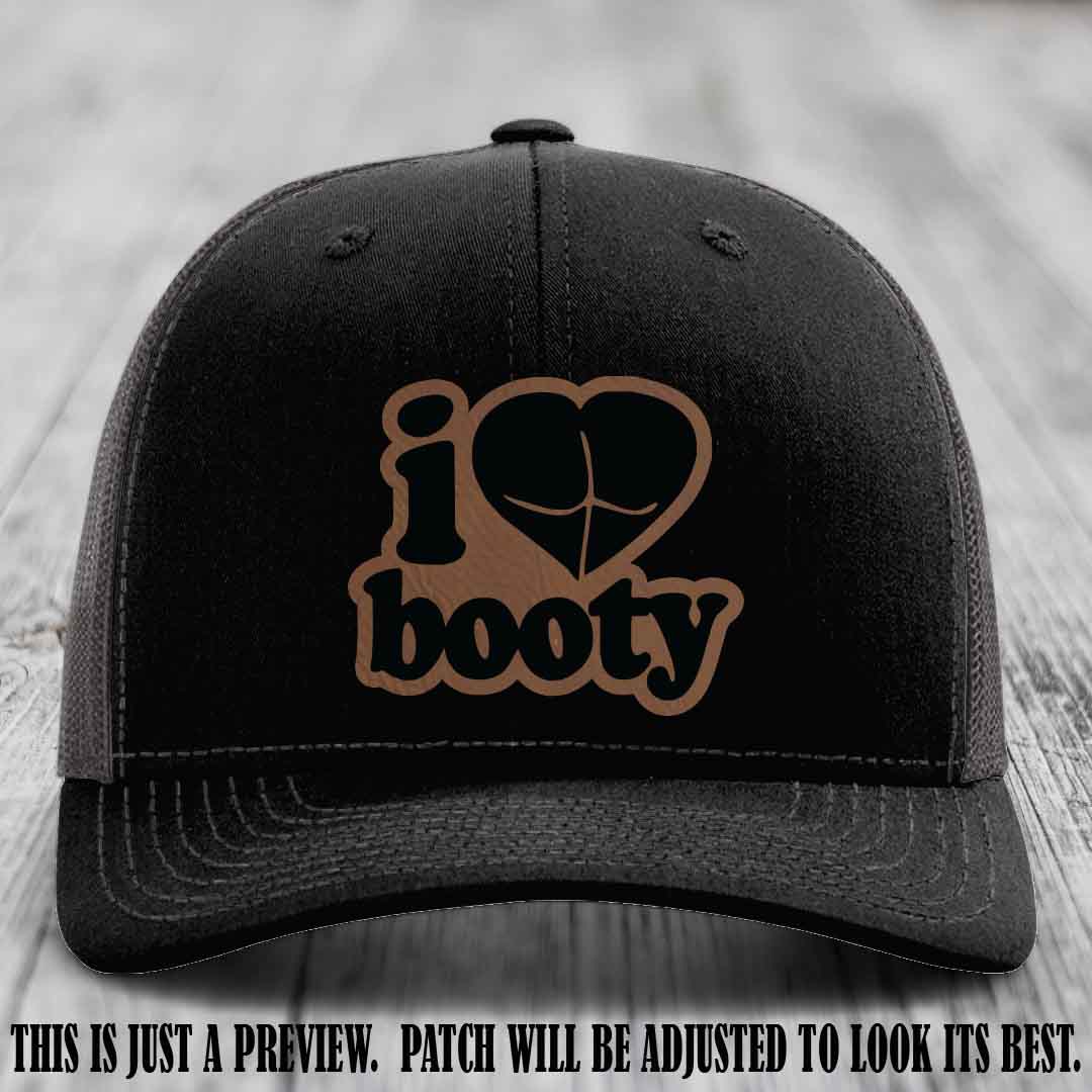 Booty Hunter Dark Brown to Black Patch Leather Patch on Black to Charcoal Hat - Funny Richardson 112 Hat
