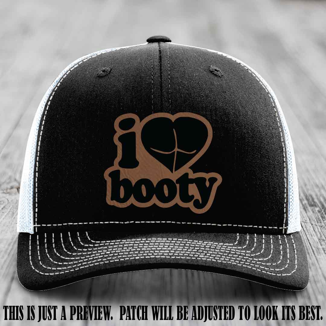 Booty Hunter Dark Brown to Black Patch Leather Patch on Black to White Hat - Funny Richardson 112 Hat