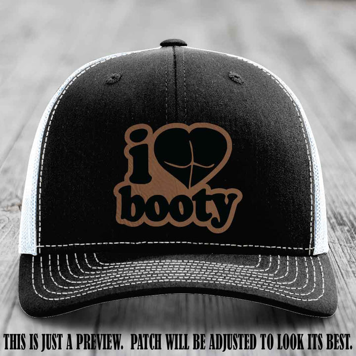 Booty Hunter Dark Brown to Black Patch Leather Patch on Black to White Hat - Funny Richardson 112 Hat