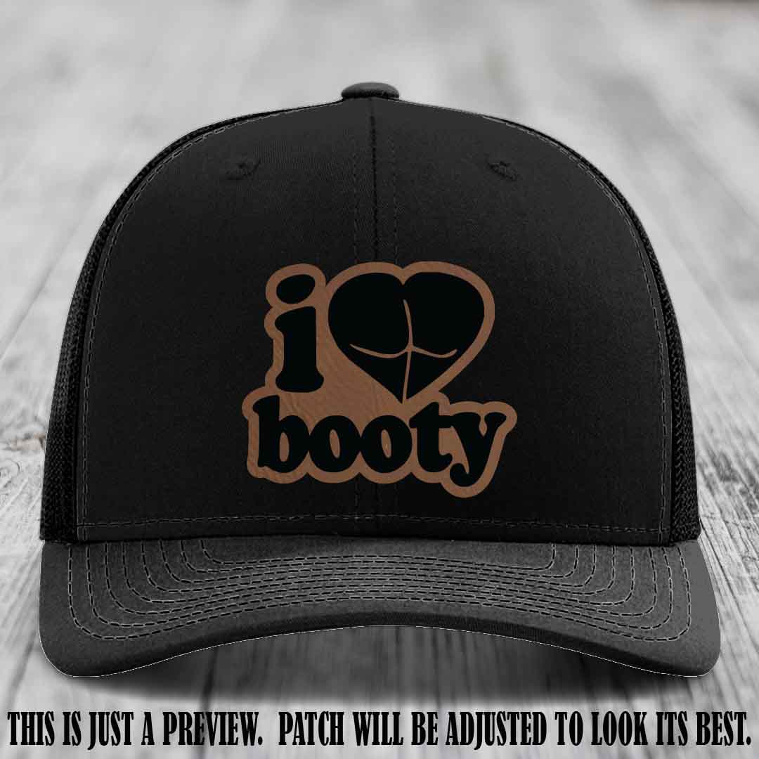 Booty Hunter Dark Brown to Black Patch Leather Patch on Black Hat - Funny Richardson 112 Hat