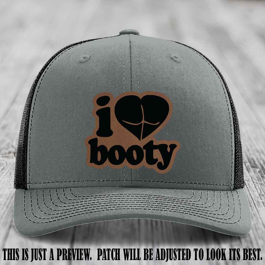 Booty Hunter Dark Brown to Black Patch Leather Patch on Heather Grey to Black Hat - Funny Richardson 112 Hat