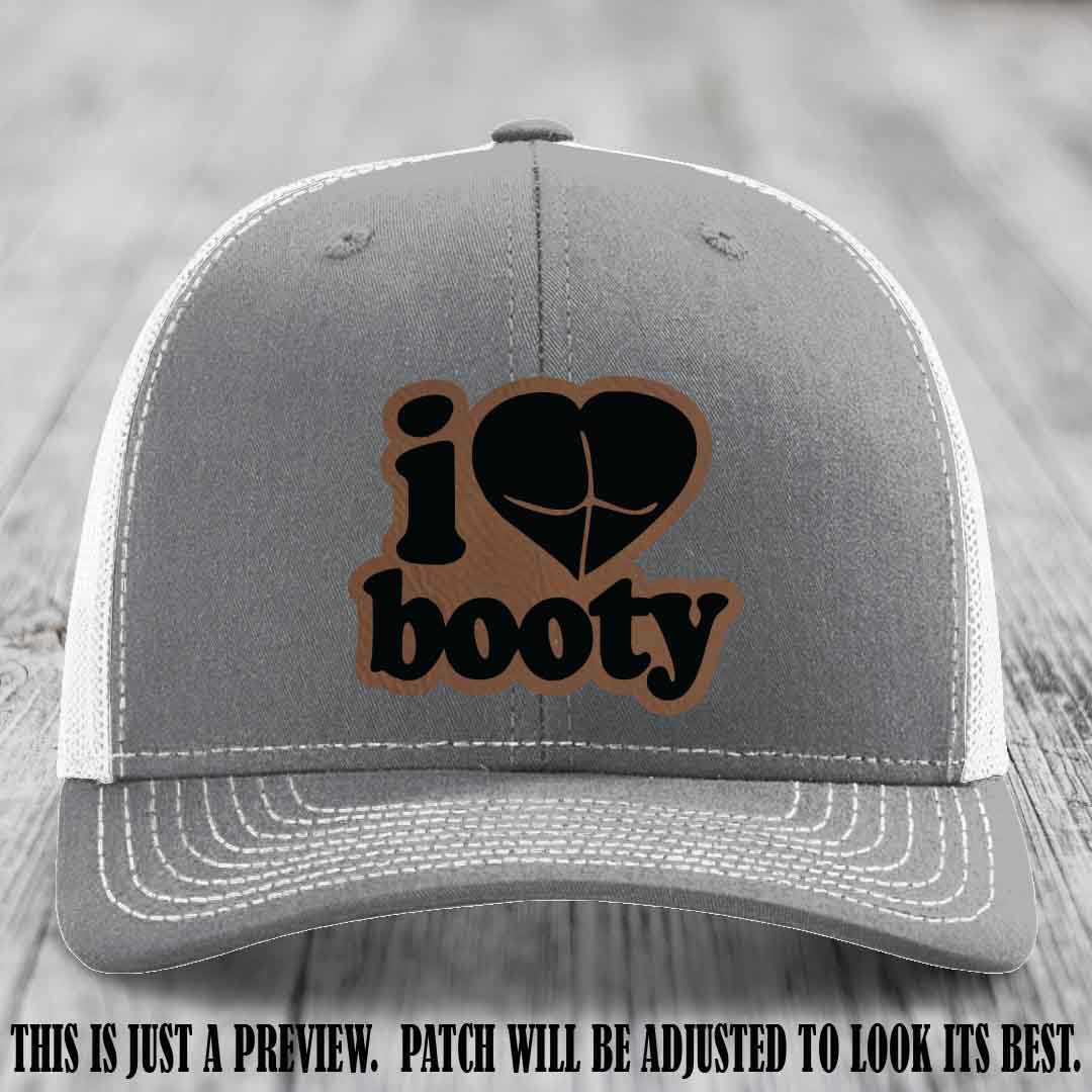 Booty Hunter Dark Brown to Black Patch Leather Patch on Heather Grey to White Hat - Funny Richardson 112 Hat
