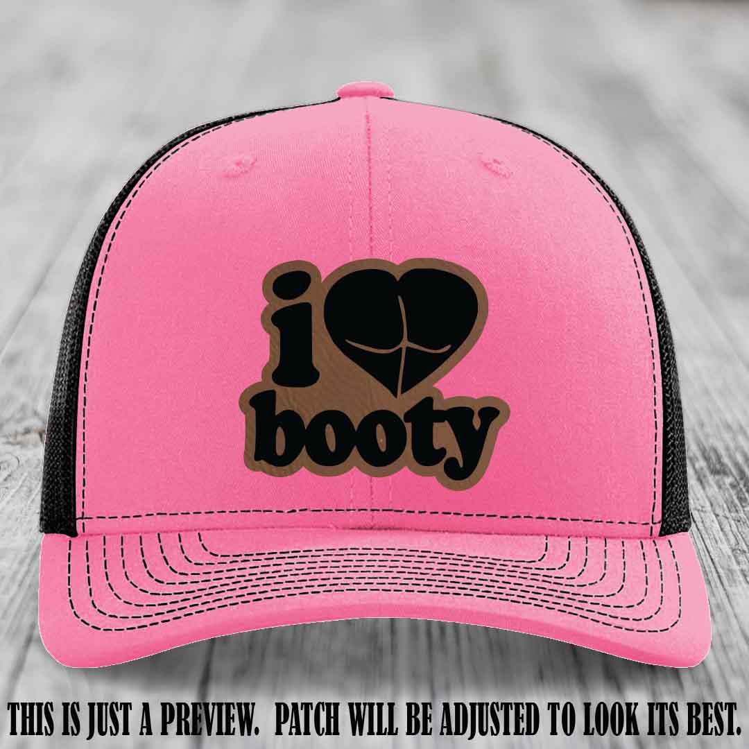 Booty Hunter Dark Brown to Black Patch Leather Patch on Hot Pink to Black Hat - Funny Richardson 112 Hat