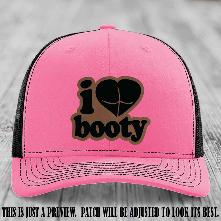 Booty Hunter Dark Brown to Black Patch Leather Patch on Hot Pink to Black Hat - Funny Richardson 112 Hat