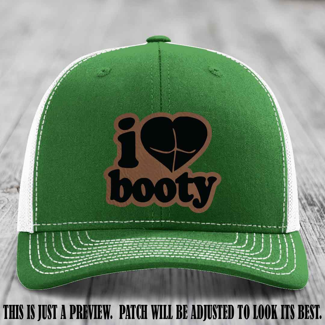 Booty Hunter Dark Brown to Black Patch Leather Patch on Kelly to White Hat - Funny Richardson 112 Hat