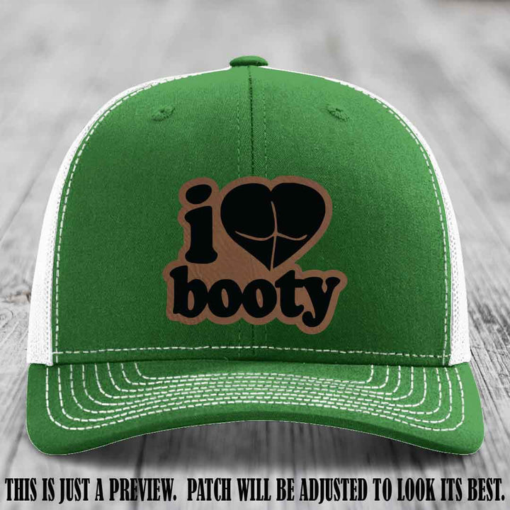 Booty Hunter Dark Brown to Black Patch Leather Patch on Kelly to White Hat - Funny Richardson 112 Hat