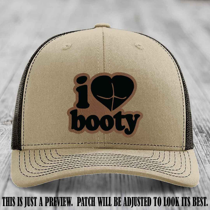 Booty Hunter Dark Brown to Black Patch Leather Patch on Khaki to Coffee Hat - Funny Richardson 112 Hat