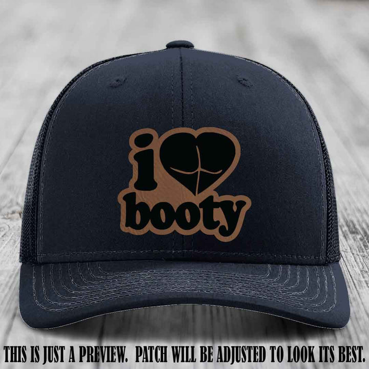 Booty Hunter Dark Brown to Black Patch Leather Patch on Navy Hat - Funny Richardson 112 Hat