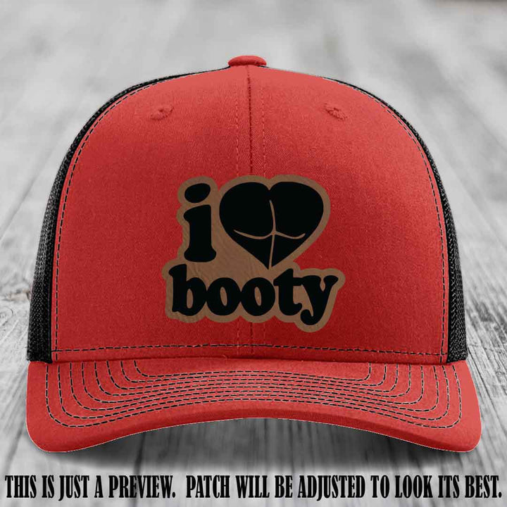 Booty Hunter Dark Brown to Black Patch Leather Patch on Red to Black Hat - Funny Richardson 112 Hat